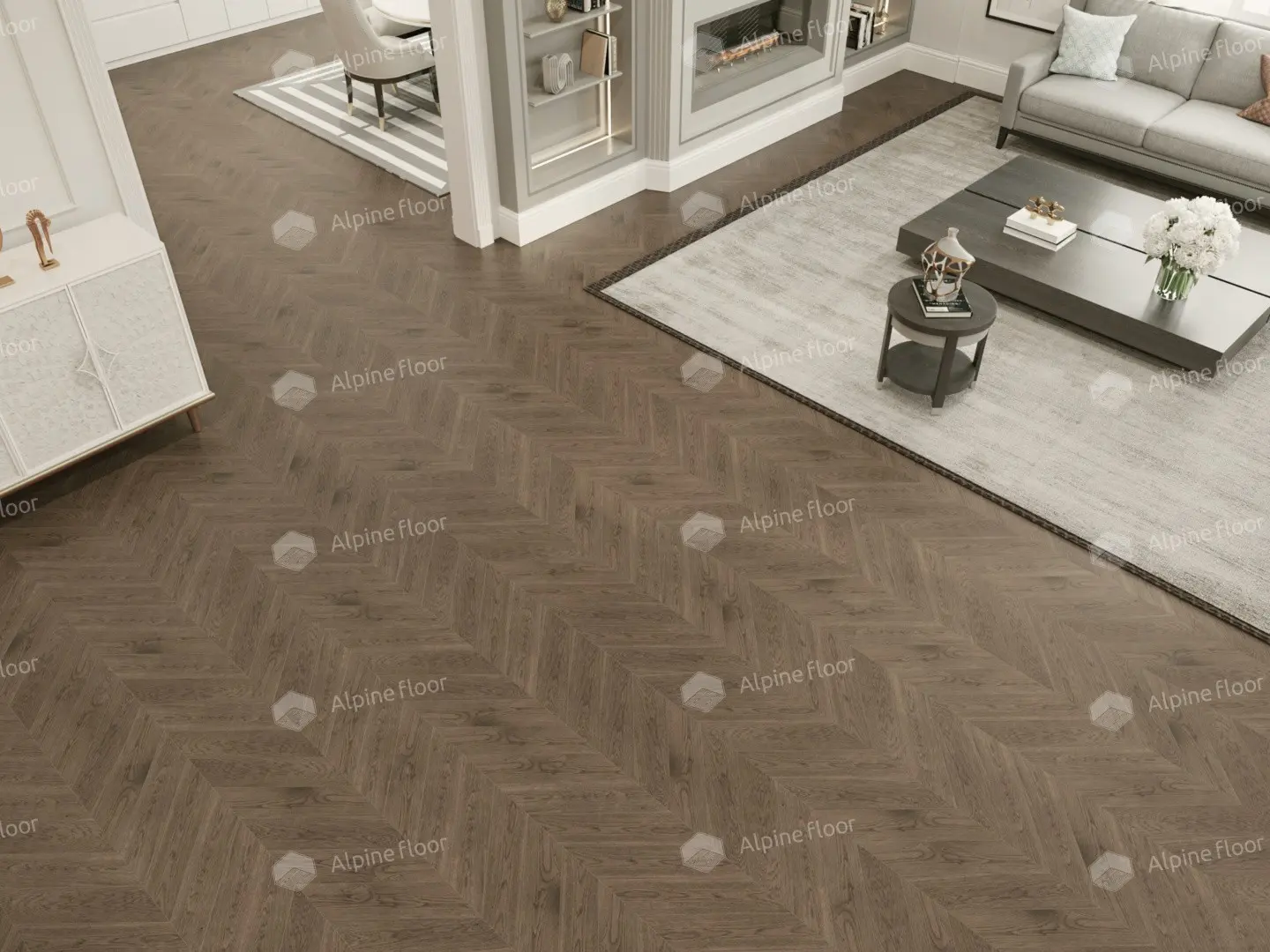 Инженерная доска Alpine Floor Chateau Дуб Гранд Каньон EW203-10 французская елка 600×120×12 фото в интерьере